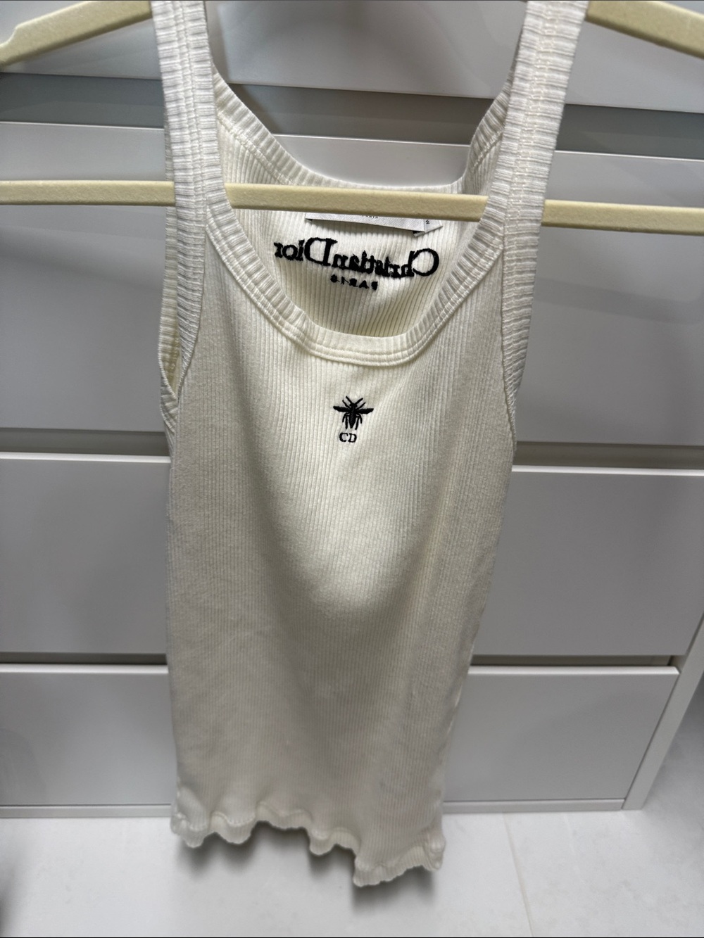 Dior Cream Ribbed Tank with Embroidered Bee and CD